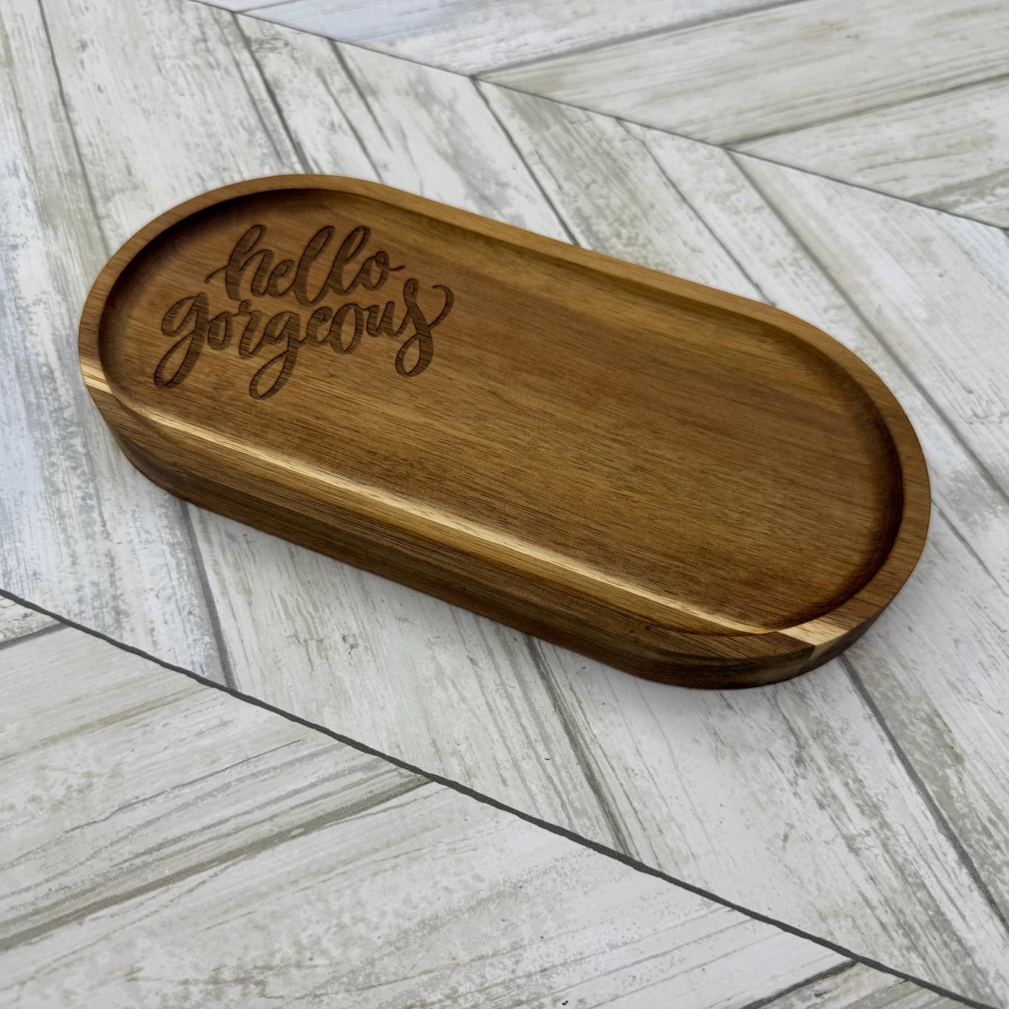 Hello Gorgeous Wood Tray, Trinket Tray, Personalized Desk Organizer, Organizer Tray, Women's Jewelry Tray, Gift for Her, Gift For Mom